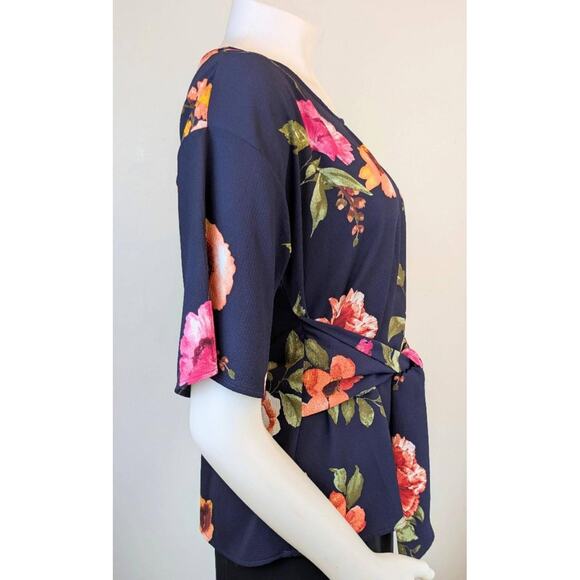 West Kei Floral Blouse Medium P Navy Pink Orange Green Tie Waist Half Sleeve - Picture 4 of 12